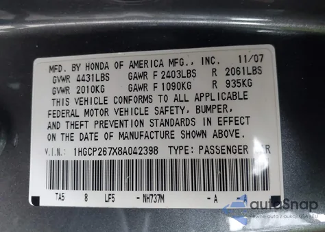 2008 Honda Accord 2.4 Ex z USA, uszkodzony, nr VIN 1HGCP267X8A042398